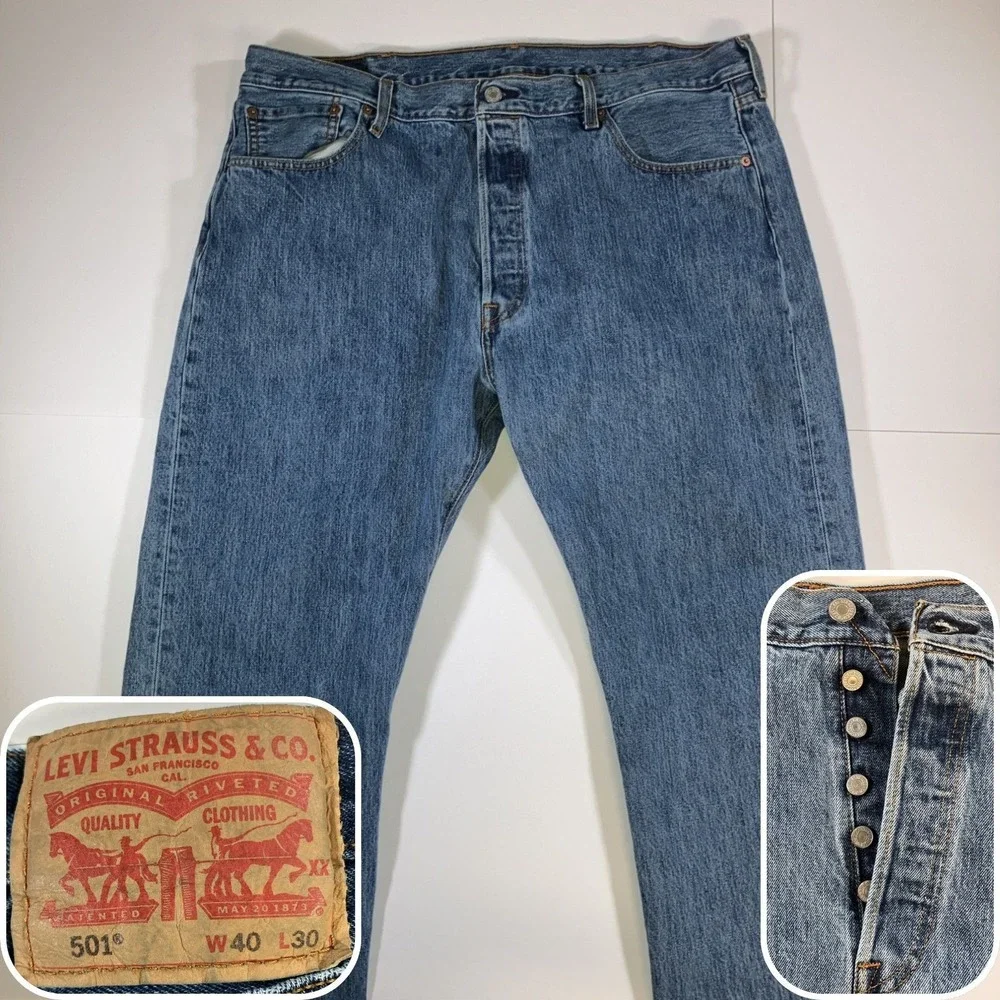 Levis 501 Original Jeans Mens 40x30 Medium Wash Button Fly Denim Cotton